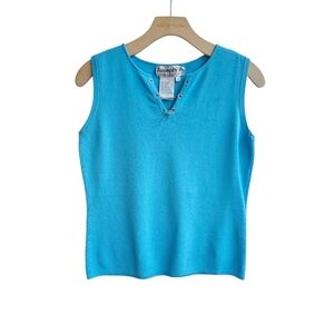 Vintage Joseph A. Turquoise Knit Sleeveless Top with Chain Grommets Size Small